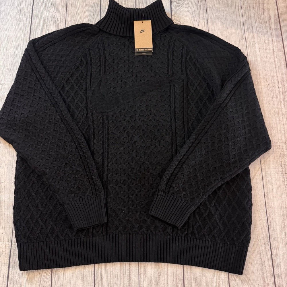 Nike Life Cable Knit Turtleneck Wool Sweater Mens 2XL Black FB7770-010 ($180)